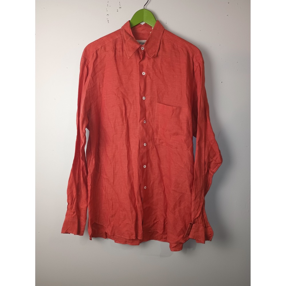 Lorenzini Mens Red 100% Linen Long Sleeve Button Down Shirt Made in Italy Size M